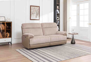 Beige Reclining sofa in a living room with a rug and bookshelf.